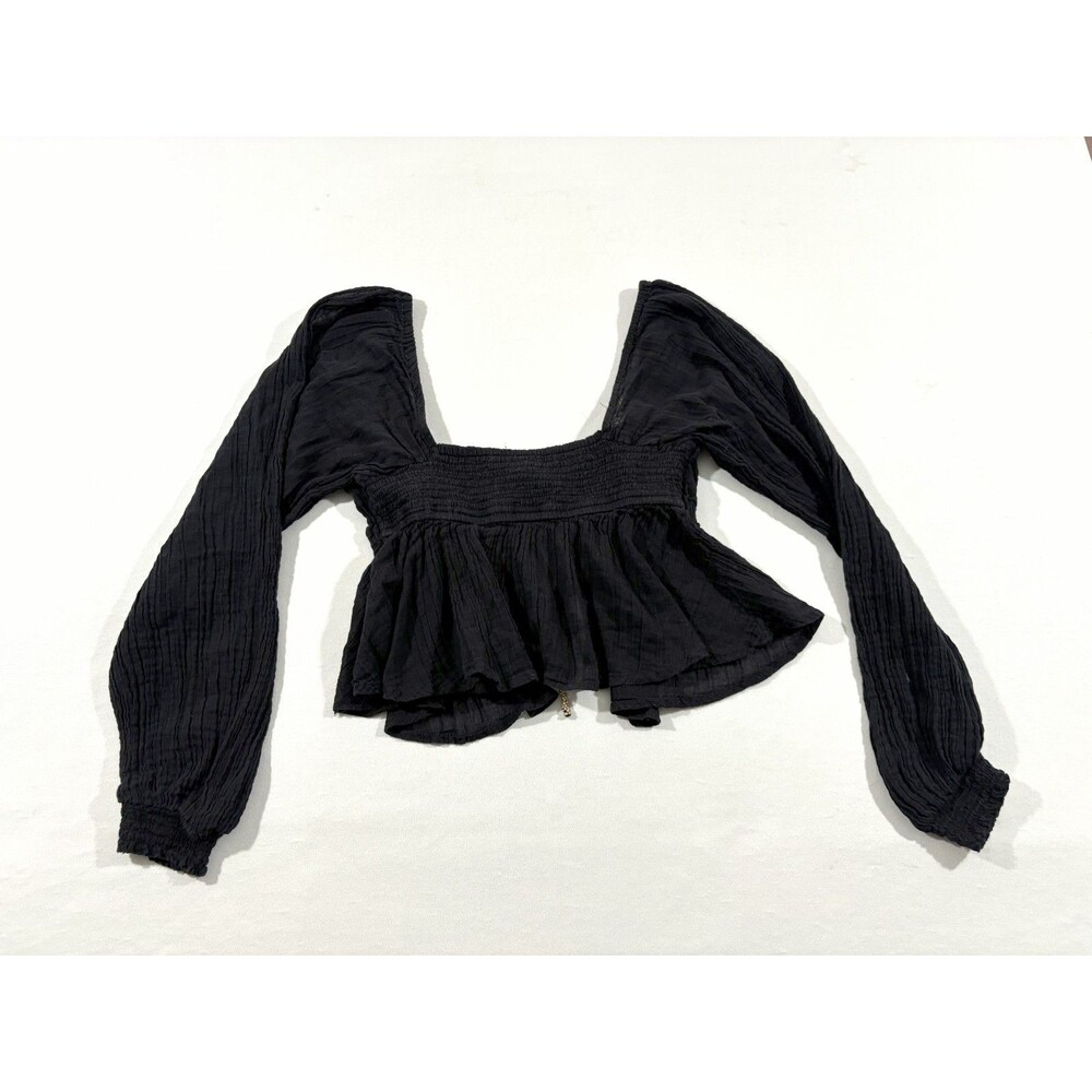 Free People Black Smocked Long Sleeve Cottage Core Goth Blouse Gauzy Top Sz S - Picture 9 of 13